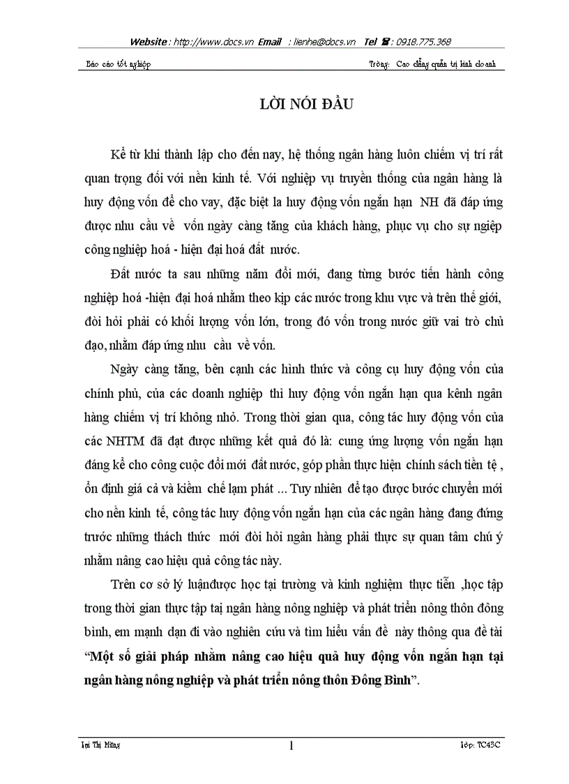 Một số giải pháp nhằm mở rộng nâng cao hiệu quả huy động vốn ngắn hạn tại nhno và ptnt chi nhánh đông bình