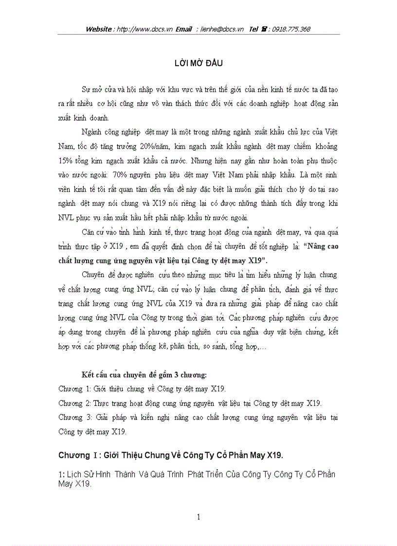 Nâng cao châ t lươ ng cung ứng nguyên vật liệu tại Công ty dệt may X19