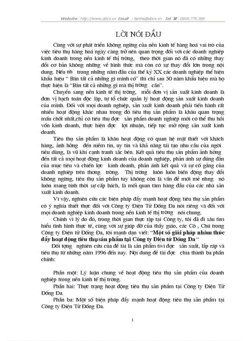 Một số giải pháp nhằm thúc đẩy hoạt động tiêu thụ sản phẩm tại Công ty Điện tử Đống Đa