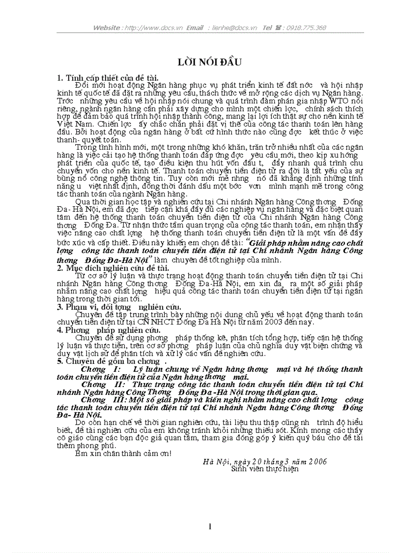 Giải pháp nhằm nâng cao chất lượng công tác thanh toán chuyển tiền điện tử tại Chi nhánh Ngân hàng Công thương Đống Đa Hà Nội