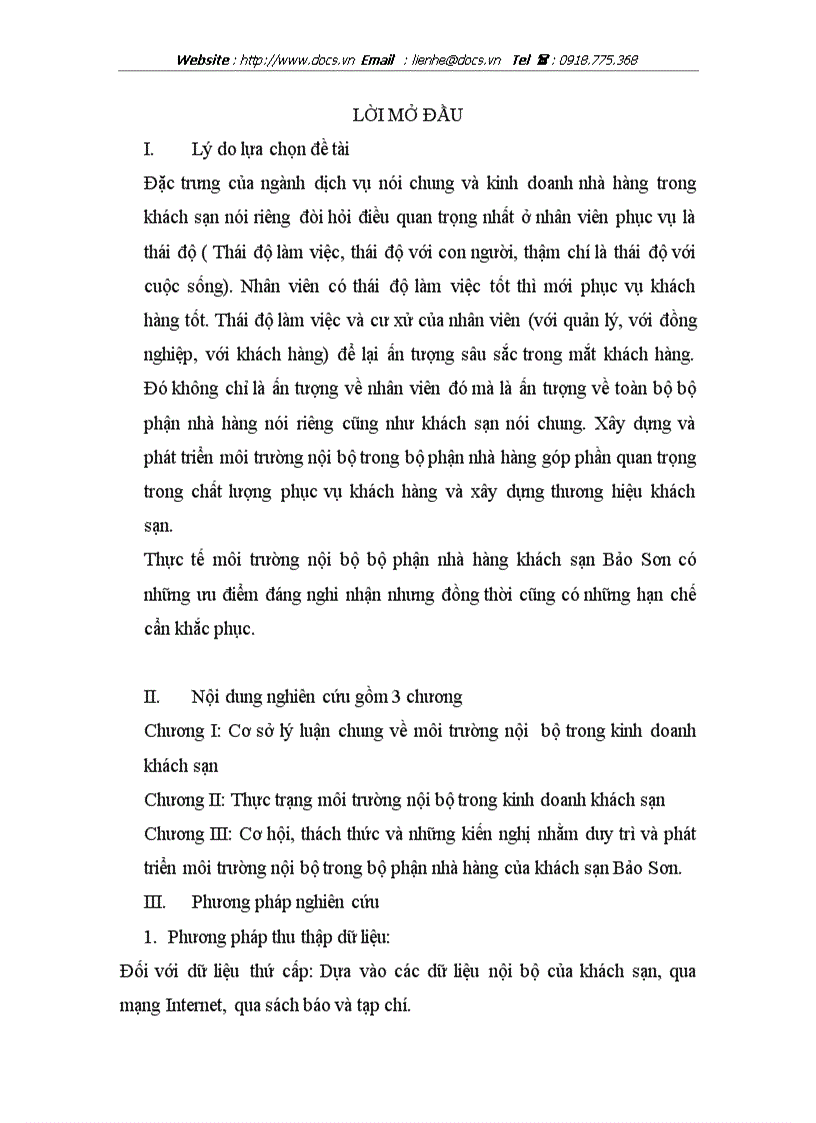 Thực trạng và những kiến nghị nhằm duy trì và phát triển môi trường nội bộ trong bộ phận nhà hàng của khách sạn Bảo Sơn
