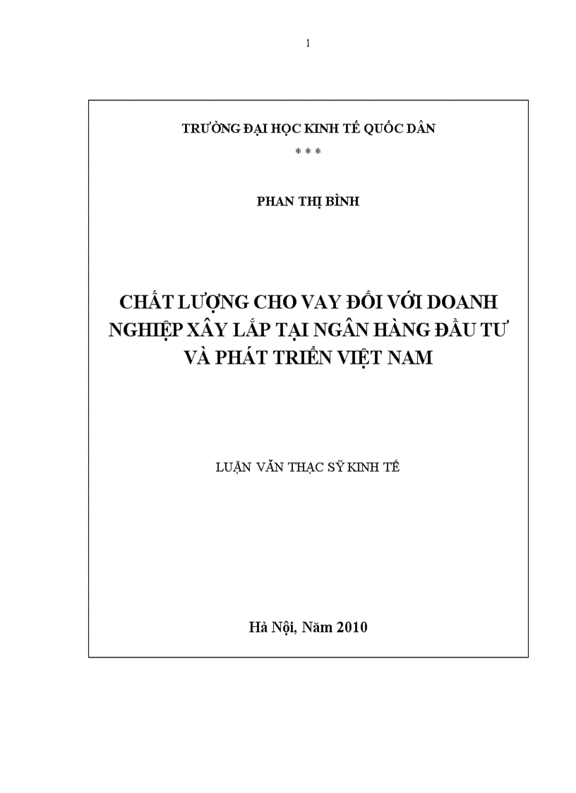 Chất lượng cho vay đối với doanh nghiệp xây lắp tại ngân hàng đầu tư và phát triển việt nam