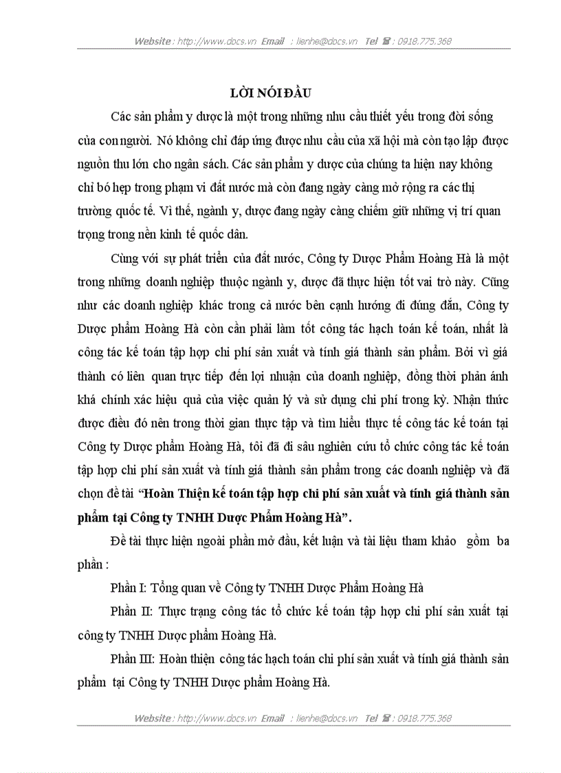 Hoàn Thiện kế toán tập hợp chi phí sản xuất và tính giá thành sản phẩm tại Công ty TNHH Dược Phẩm Hoàng Hà