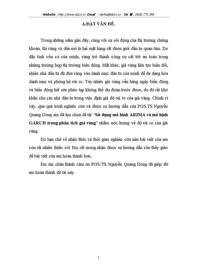 Sử dụng mô hình ARIMA và mô hình GARCH trong phân tích giá vàng
