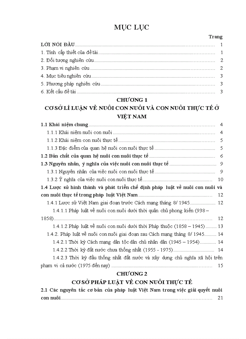 Luân Văn luật tư pháp Nuôi con nuôi thực tế ở Việt Nam theo pháp luật hiện hành