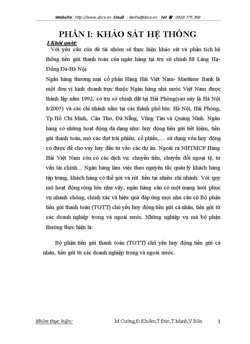 Khảo sát và phân tích hệ thống tiền gửi thanh toán của ngân hàng tại trụ sở chính 88 Láng Hạ Đống Đa Hà Nội