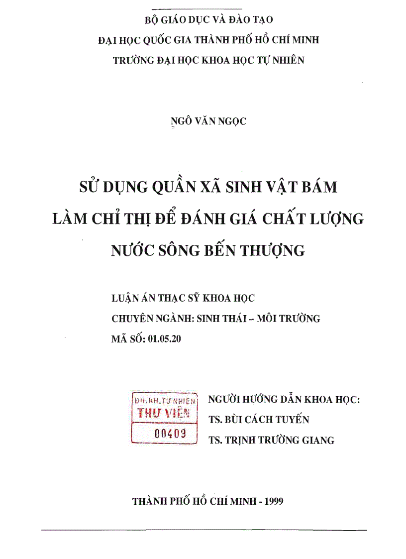 Sử dụng quần xã sinh vật bám làm chỉ thị để đánh giá chất lượng nước sông bến thượng