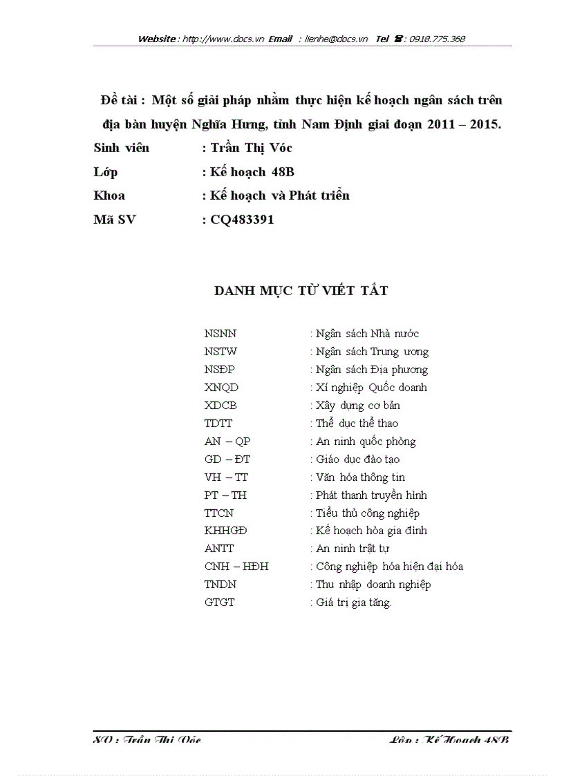 Một số giải pháp nhằm thực hiện kế hoạch ngân sách trên địa bàn huyện Nghĩa Hưng tỉnh Nam Định giai đoạn 2011 2015