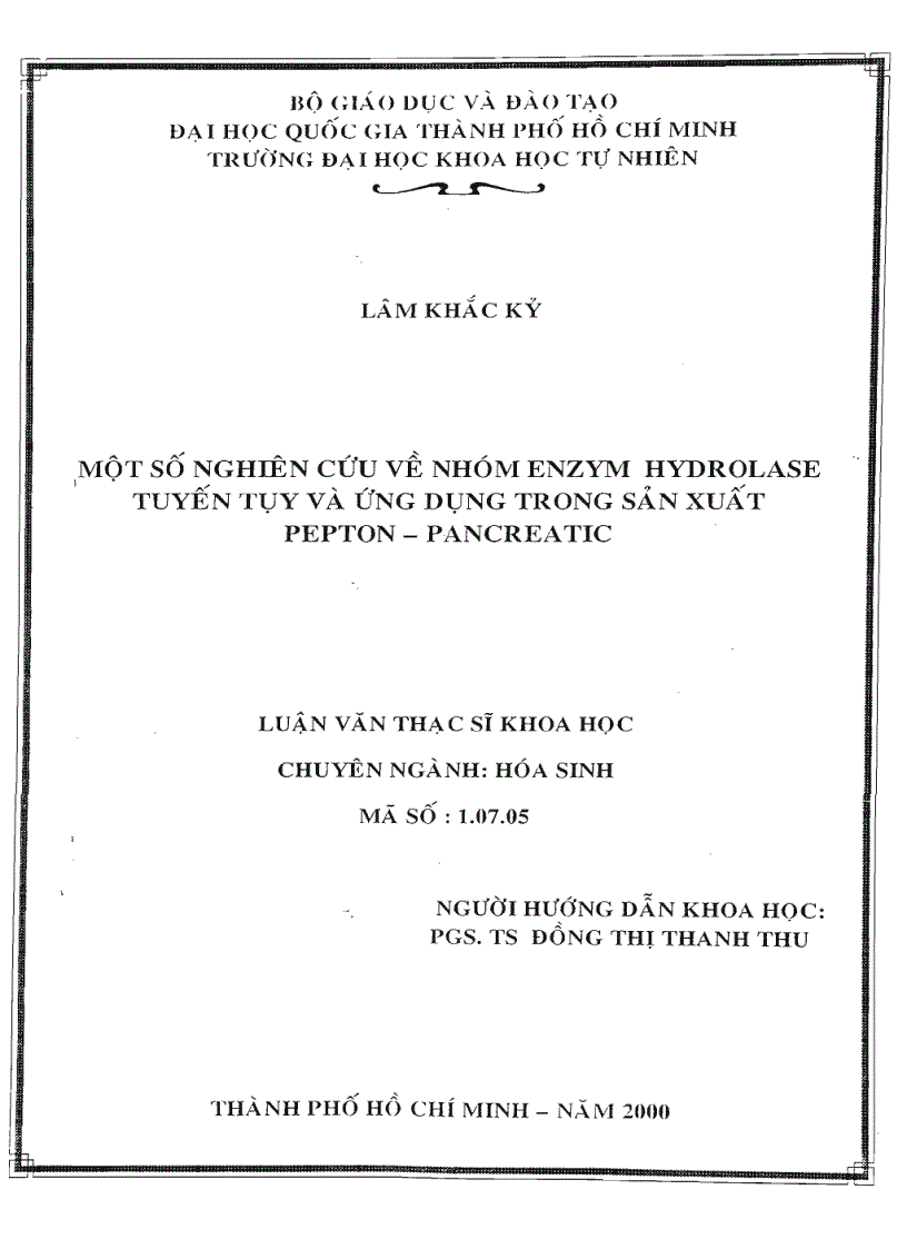 Một số nghiên cứu về nhóm enzym hydrolase tuyến tụy và ứng dụng trong sản xuất pepton pancreatic