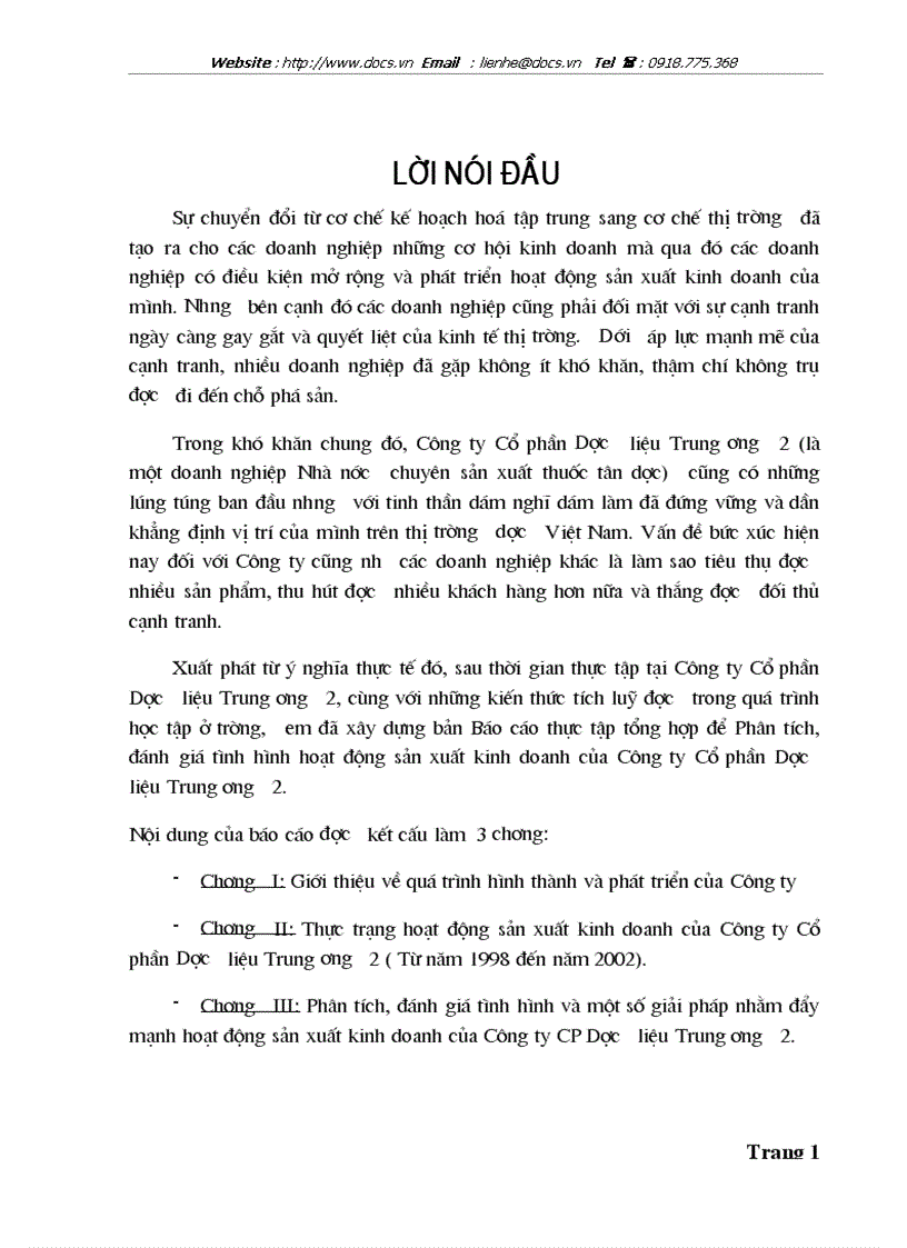 Phân tích đánh giá tình hình hoạt động sản xuất kinh doanh của Công ty Cổ phần Dược liệu Trung ương 2