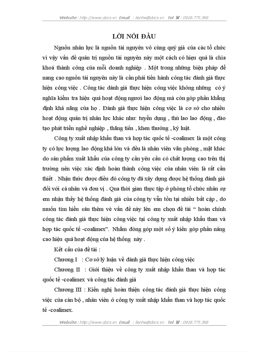 Hoàn chỉnh công tác đánh giá thực hiện công việc tại công ty xuất nhập khẩu than và hợp tác quốc tế coalimex