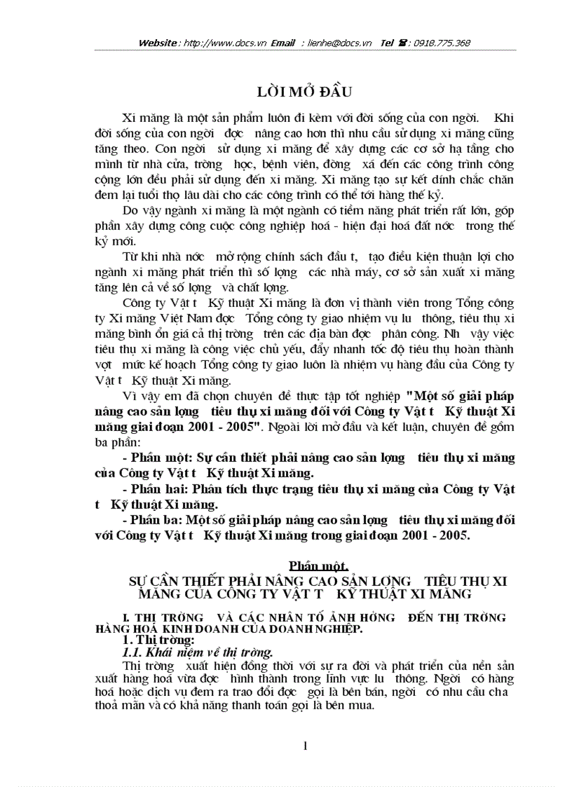 Một số giải pháp nâng cao sản lượng tiêu thụ xi măng đối với Công ty Vật tư Kỹ thuật Xi măng giai đoạn 2001 2005