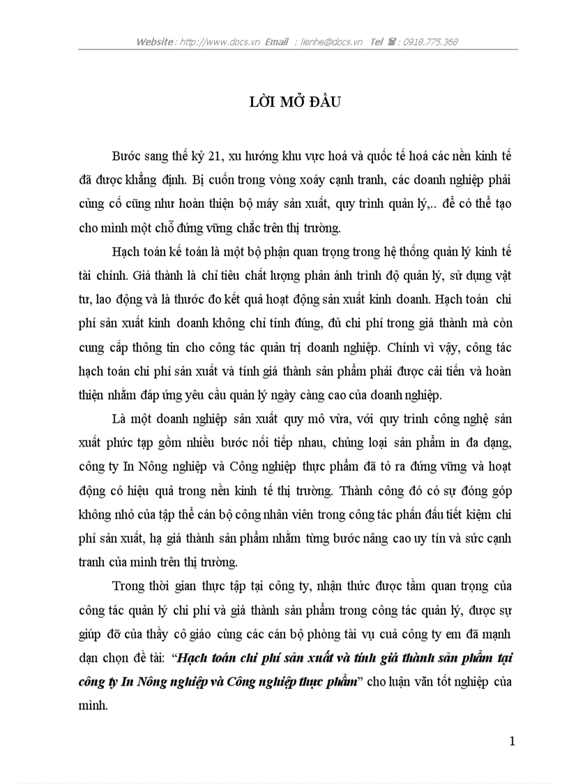 Hạch toán chi phí sản xuất và tính giá thành sản phẩm tại công ty In Nông nghiệp và Công nghiệp thực phẩm