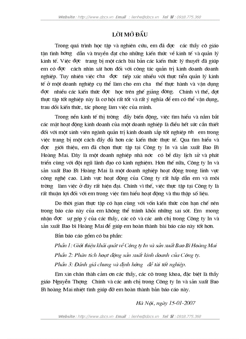 Báo cáo tổng hợp Tại Công ty in và sản xuất bao bì Hoàng Mai