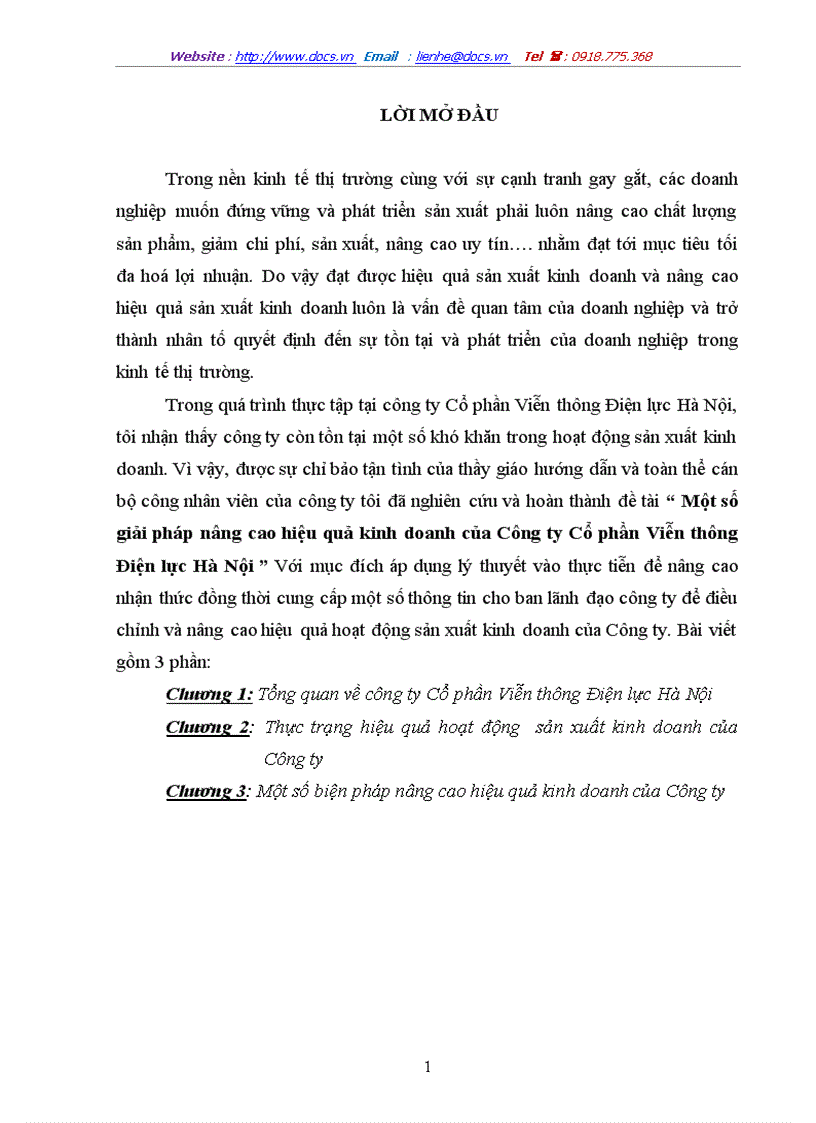 Một số giải pháp nâng cao hiệu quả kinh doanh của Công ty Cổ phần Viễn thông Điện lực Hà Nội