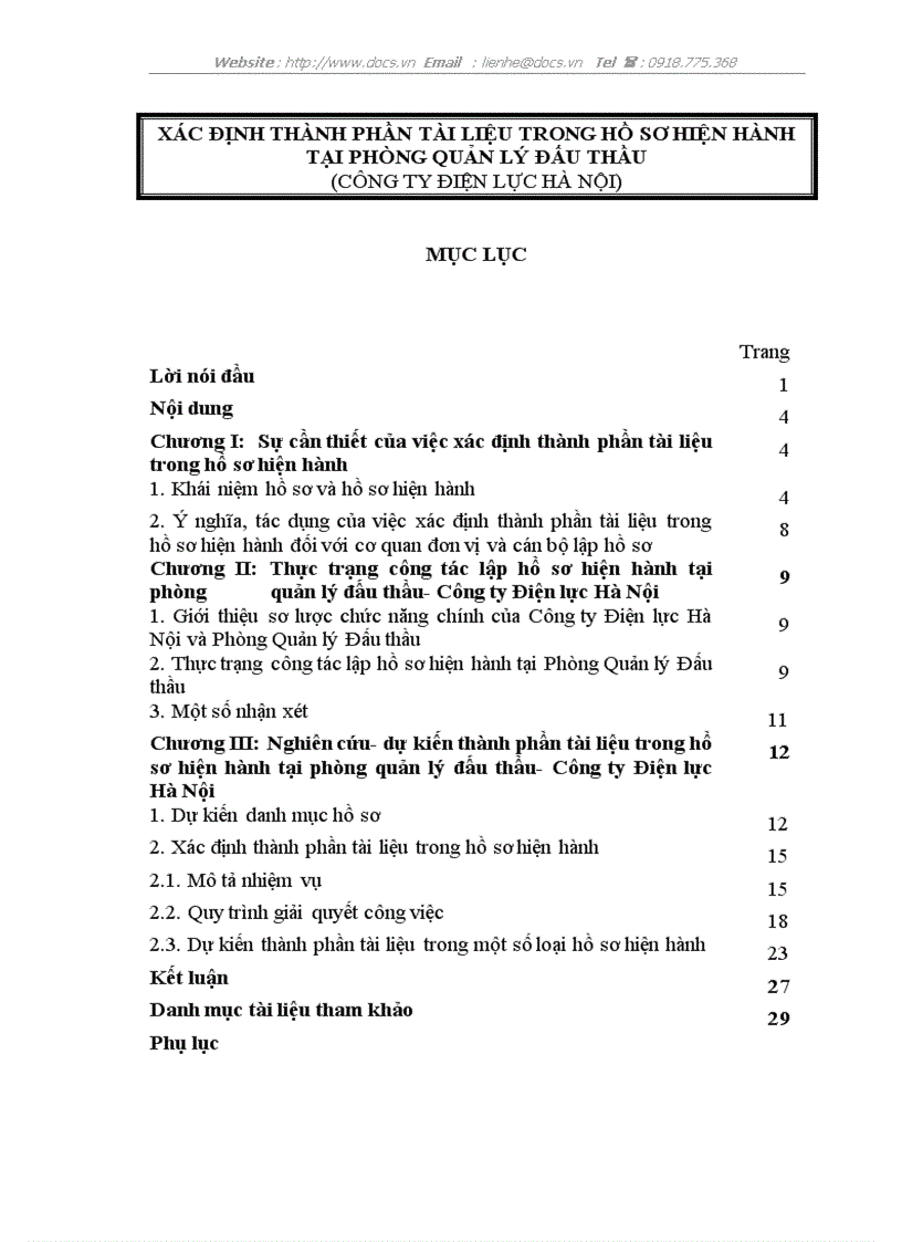 Xác định thành phần tài liệu trong hồ sơ hiện hành tại phòng quản lý đấu thầu công ty điện lực hà nội