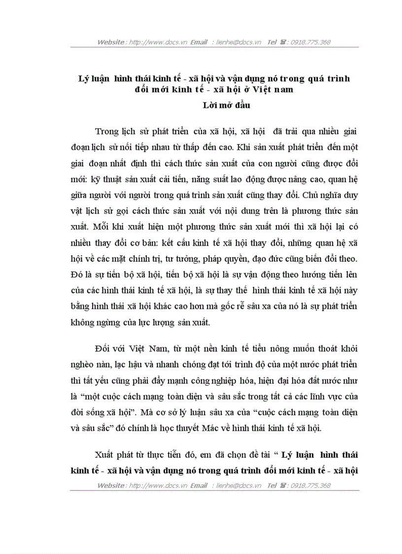 Lý luận hình thái kinh tế xã hội và vận dụng nó trong quá trình đổi mới kinh tế xã hội ở Việt nam