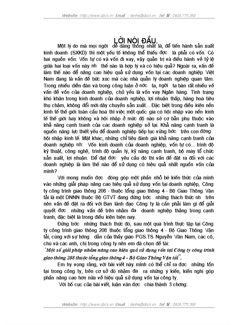 Một số giải pháp nhằm nâng cao hiệu quả sử dụng vốn tại Công ty công trình giao thông 208 thuộc tổng giao thông 4 Bộ Giao Thông Vận tải
