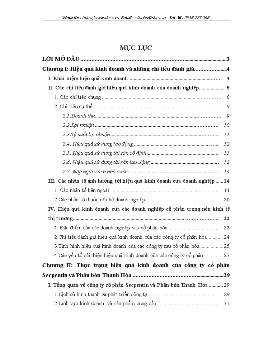 Một số giải pháp nâng cao hiệu quả kinh doanh của công ty cổ phần secpentin và phân bón thanh hóa