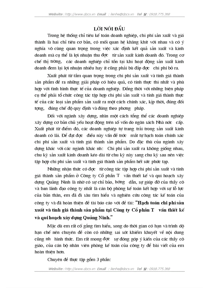 Hạch toán chi phí sản xuất và tính giá thành sản phẩm tại Công ty Cổ phần Tư vấn thiết kế và qui hoạch xây dựng Quảng Ninh