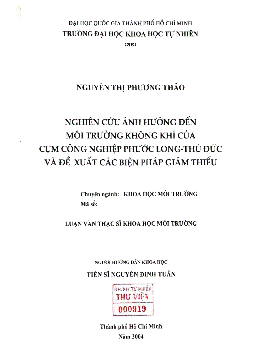 Nghiên cứu ảnh hưởng đến môi trường không khí của cụm công nghiệp phước long thủ đức và đề xuất các biện pháp giảm thiểu