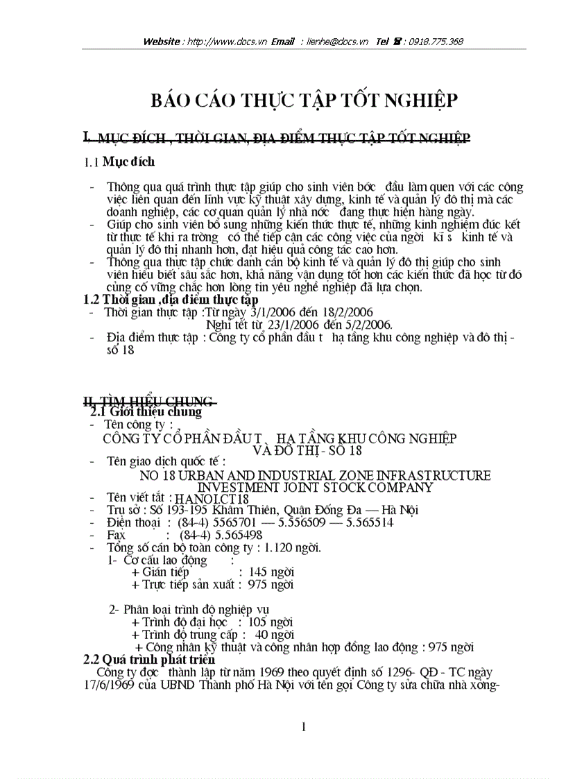 Báo cáo Tại Công ty CP đầu tư hạ tầng KCN đô thị số 18