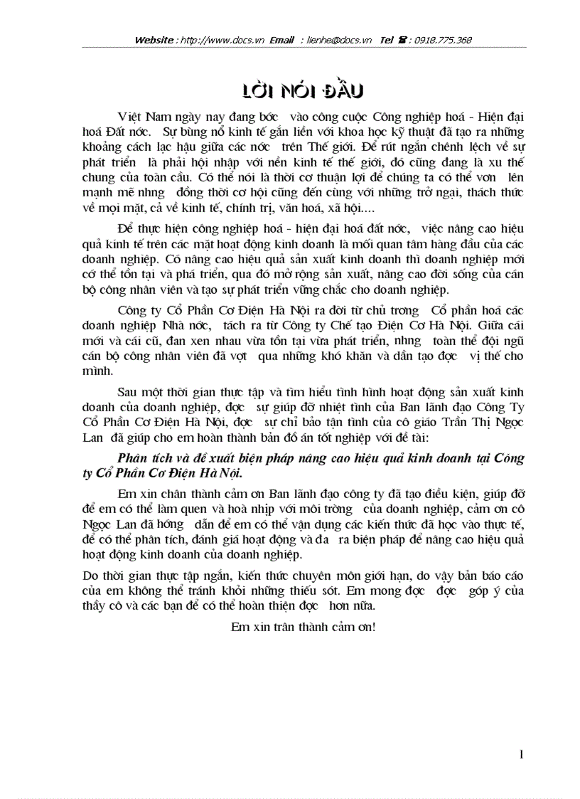 Phân tích và đề xuất biện pháp nâng cao hiệu quả kinh doanh tại Công ty Cổ Phần Cơ Điện Hà Nội