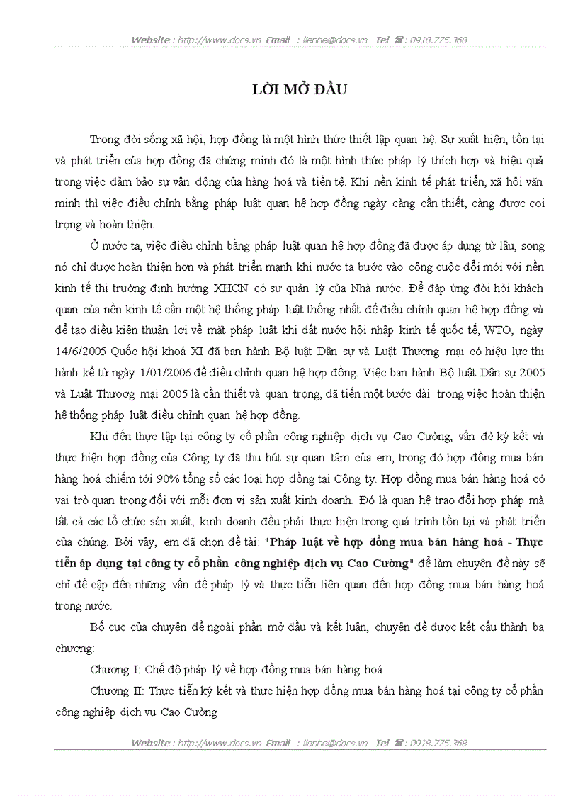 Pháp luật về hợp đồng mua bán hàng hoá Thực tiễn áp dụng tại công ty cổ phần công nghiệp dịch vụ Cao Cường