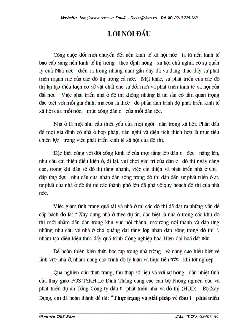 Thực trạng và giải pháp về đầu tư phát triển nhà ở đô thị ở Tổng Công ty Đầu tư phát triển nhà và đô thị HUD Bộ Xây Dựng