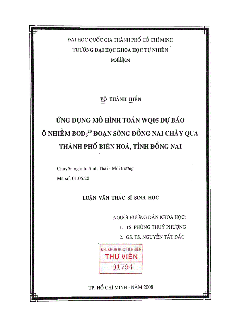 Ứng dụng mô hình toán wq05 dự báo ô nhiễm bod520 đoạn sông đồng nai chảy qua thành phố biên hòa tỉnh đồng nai