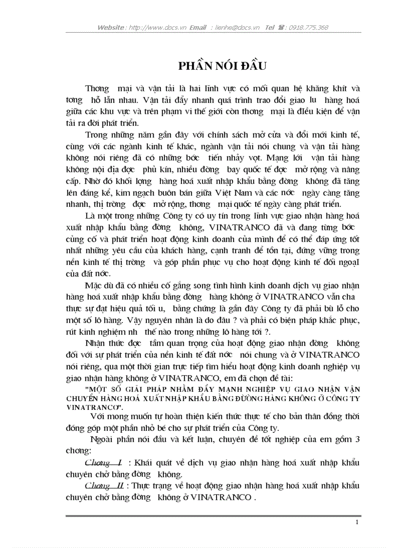 Một số giải pháp nhằm đẩy mạnh nghiệp vụ giao nhận vận chuyển hàng hoá xuất nhập khẩu bằng đừòng hàng không ở công ty vinatranco