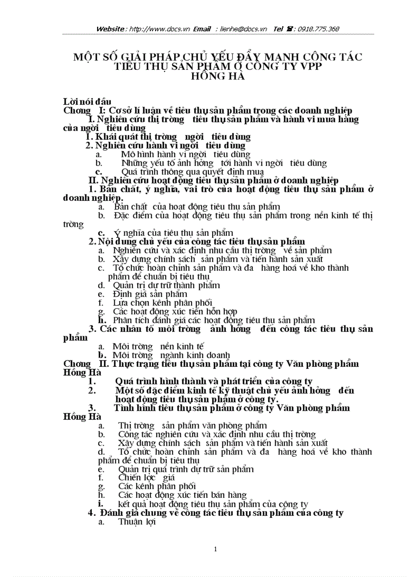 Một số giải pháp chủ yếu đẩy mạnh công tác tiêu thụ sản phẩm ở công ty vpp hồng hà