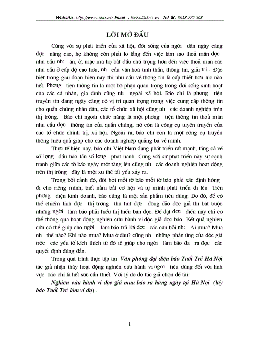 Nghiên cứu hành vi độc giả ở thị trường Hà Nội trong việc mua báo ra hằng ngày lấy báo Tuổi Trẻ làm ví dụ