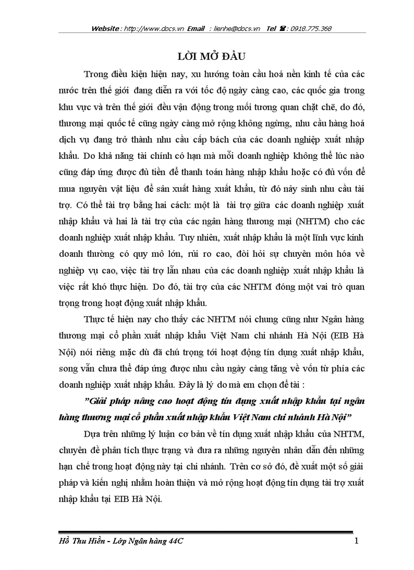 Giải pháp nâng cao hoạt động tín dụng xuất nhập khẩu tại ngân hàng thương mại cổ phần xuất nhập khẩu Việt Nam chi nhánh Hà Nội