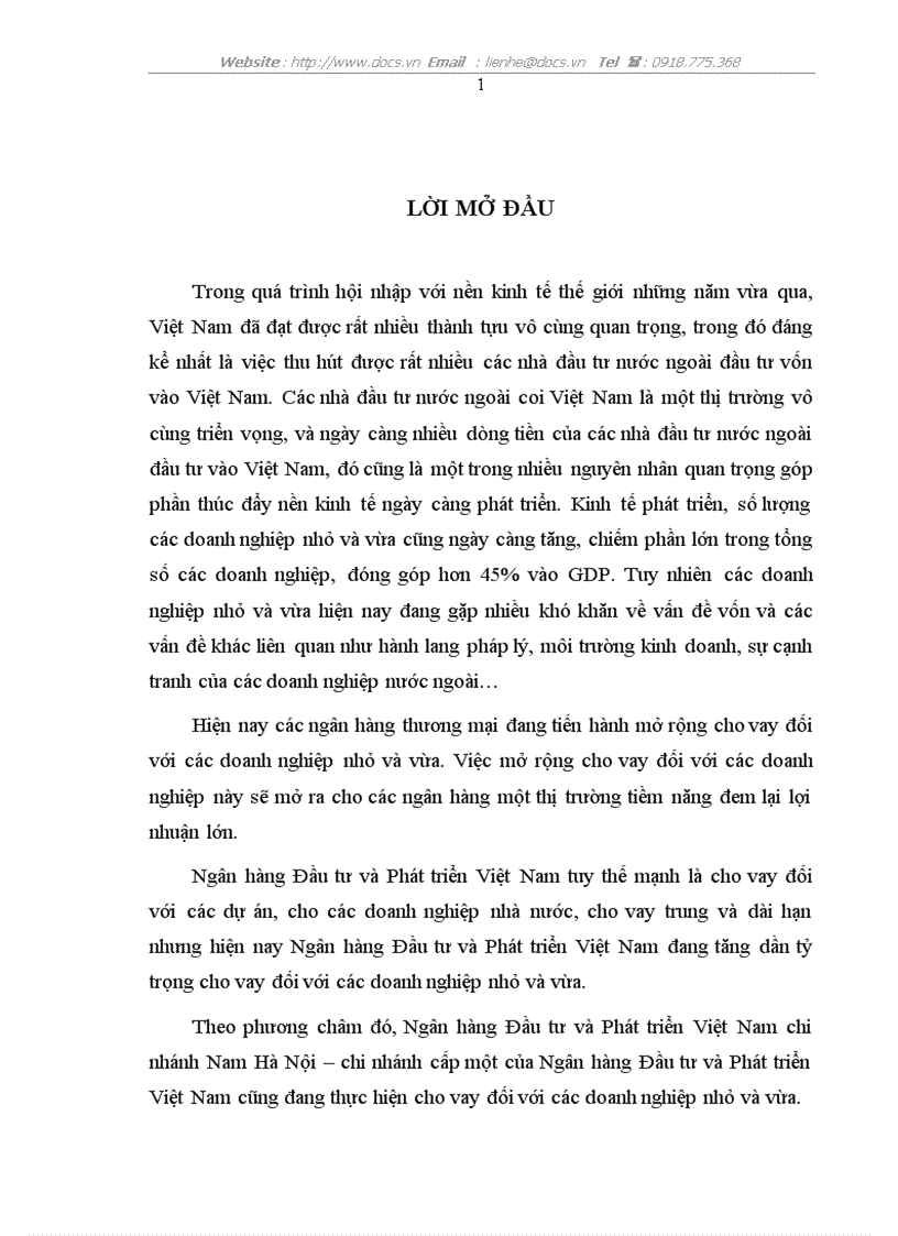Giải pháp nhằm mở rộng cho vay đối với các doanh nghiệp nhỏ và vừa tại Ngân hàng Đầu tư và Phát triển Việt Nam chi nhánh Nam Hà Nội
