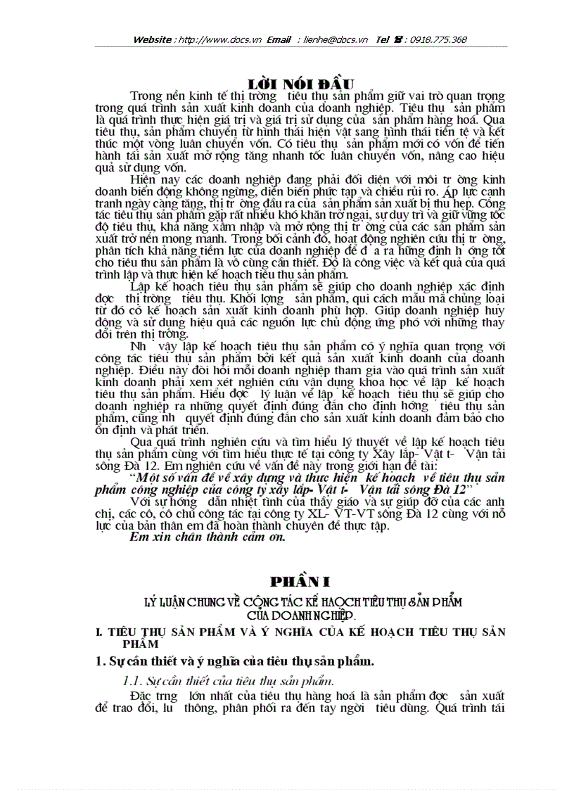 Một số vấn đề về xây dựng và thực hiện kế hoạch về tiêu thụ sản phẩm công nghiệp của công ty xây lắp Vật tư Vận tải sông Đà 12