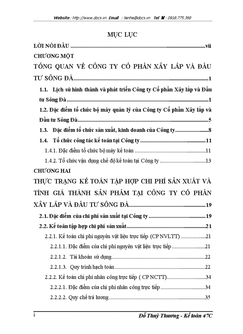 Hoàn thiện kế toán tập hợp chi phí sản xuất và tính giá thành sản phẩm tại Công ty Cổ phần Xây lắp và Đầu tư Sông Đà