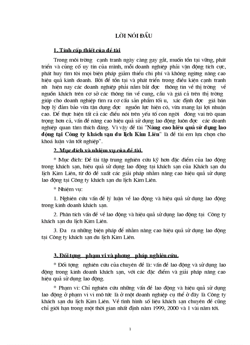 Một số biện pháp nhằm nâng cao hiệu quả sử dụng lao động tại Công ty khách sạn du lịch Kim Liên