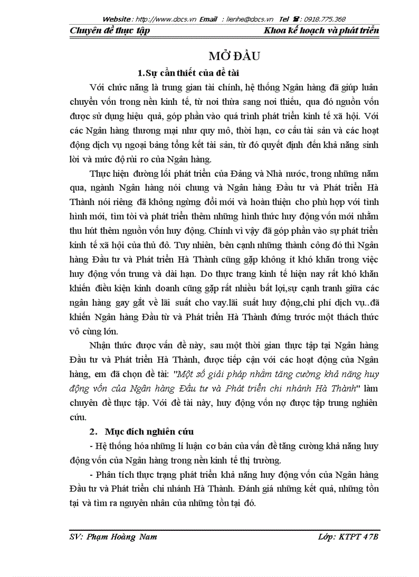 Một số giải pháp nhằm tăng cường khả năng huy động vốn của Ngân hàng Đầu tư và Phát triển chi nhánh Hà Thành