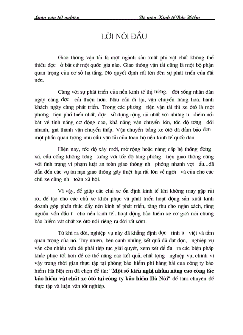 Một số kiến nghị nhằm nâng cao công tác bảo hiểm vật chất xe ôtô tại công ty bảo hiểm Hà Nội