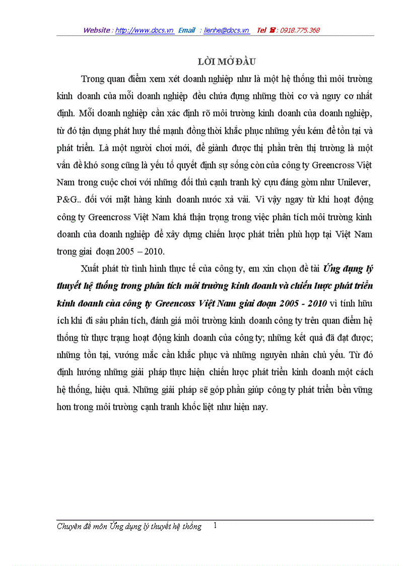 Ứng dụng lý thuyết hệ thống trong phân tích môi trường kinh doanh và chiến lược phát triển kinh doanh của công ty Greencoss Việt Nam