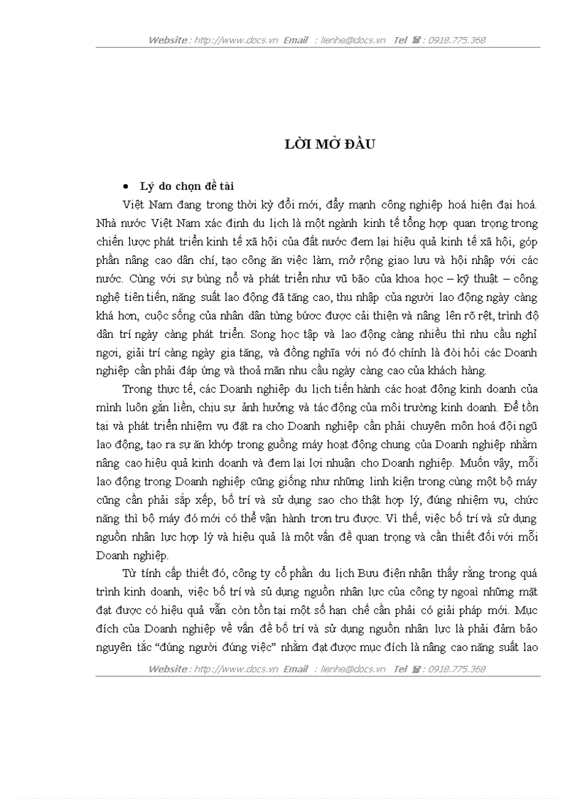 Thực trạng về công tác bố trí và sử dụng lao động tại công ty Cổ phần du lịch bưu điện