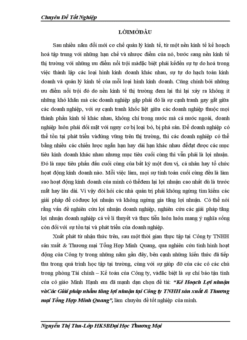 Kê Hoạch Lợi nhuận vàCác Giải pháp nhằm tăng lợi nhuận tại Công ty TNHH sản xuất Thương mại Tổng Hợp Minh Quang