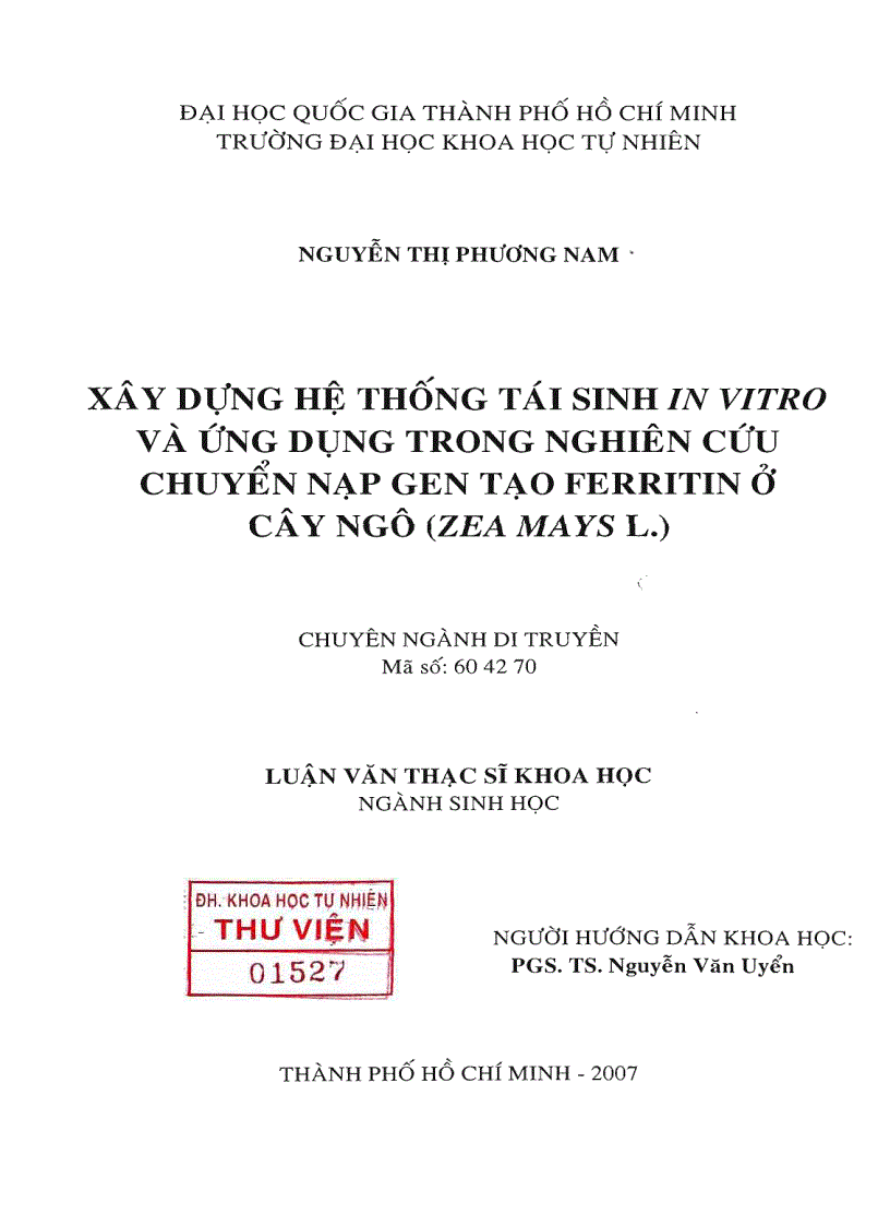 Xây dựng hệ thống tái sinh in vitro và ứng dụng trong nghiên cứu chuyển nạp gen tạo ferritin ở cây ngô zea mays l