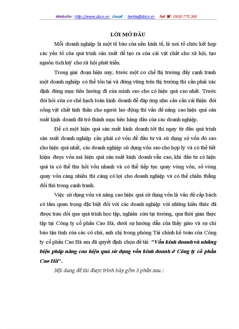 Vốn kinh doanh và những biện pháp nâng cao hiệu quả sử dụng vốn kinh doanh ở Công ty cổ phần Cao Hà