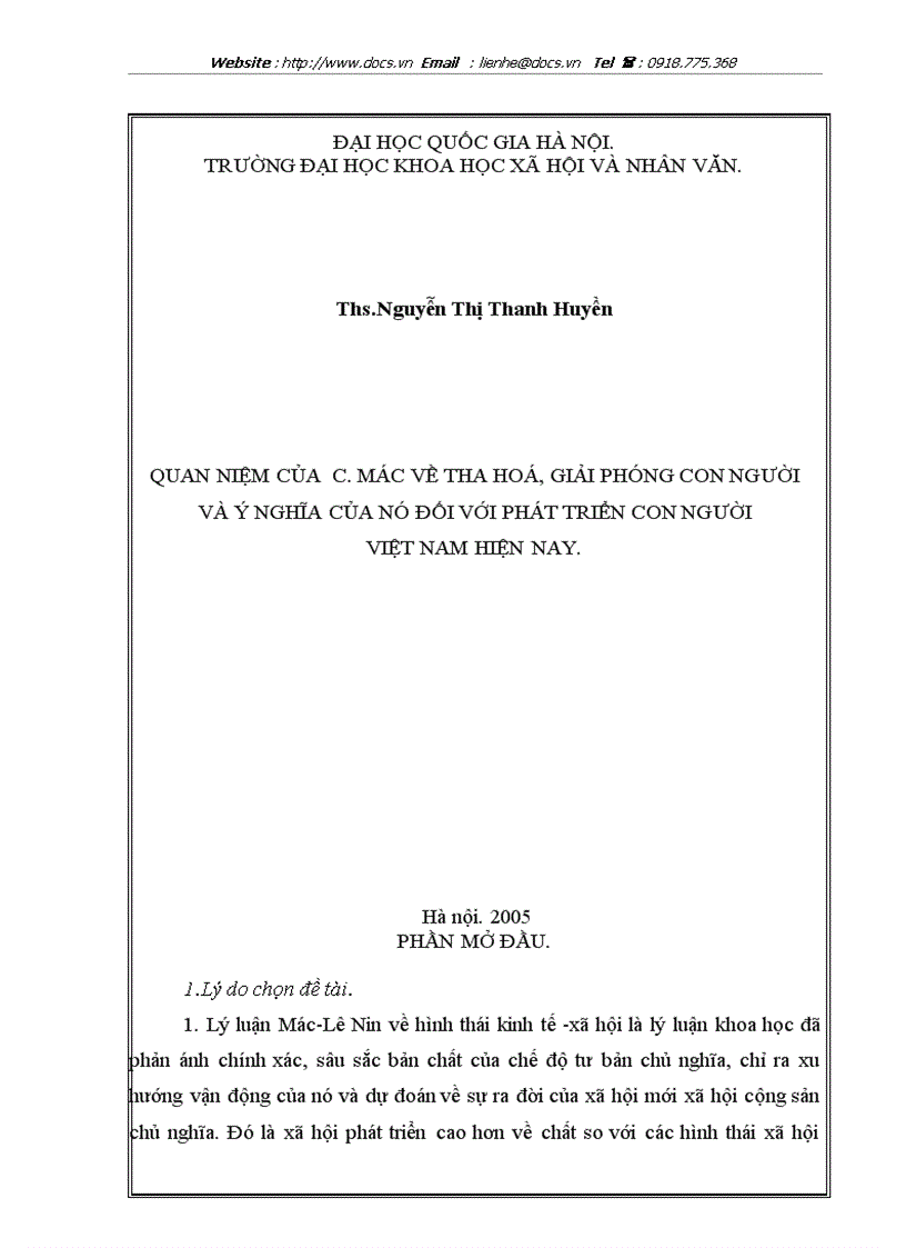 Quan niệm của c Mác về tha hoá giải phóng con người và ý nghĩa của nó đối với phát triển con người việt nam hiện nay