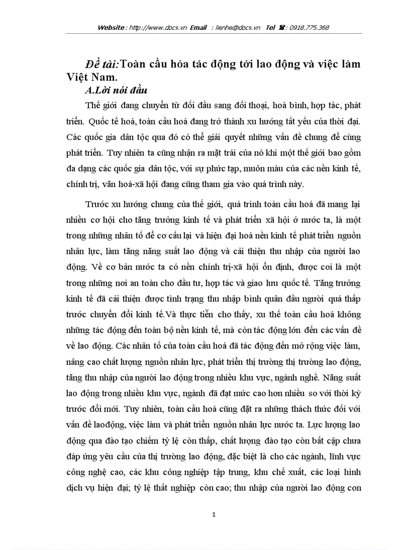 Đề tài Toàn cầu hóa tác động tới lao động và việc làm Việt Nam