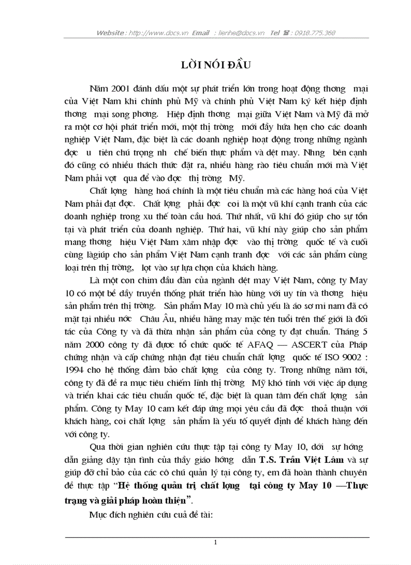 Hệ thống quản trị chất lượng tại công ty May 10 Thực trạng và giải pháp hoàn thiện