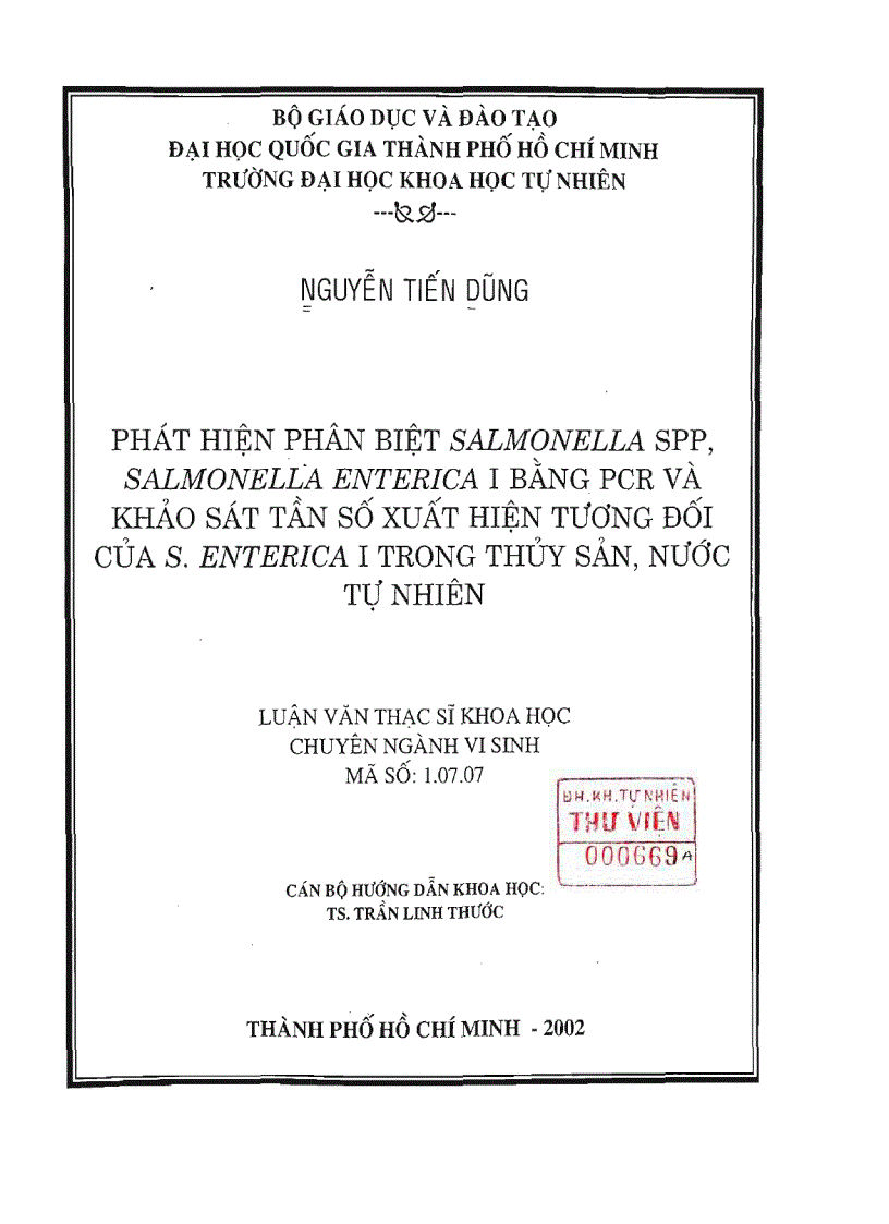 Phát hiện phân biệt salmonella spp salmonella enterica i bằng pcr và khảo sát tần số xuất hiện tương đố của s Enterica i trong thủy sản nước tự nhiên