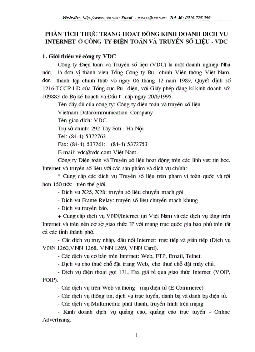 Phân tích thực trạng hoạt động kinh doanh dịch vụ internet ở công ty điện toán và truyền số liệu vdc